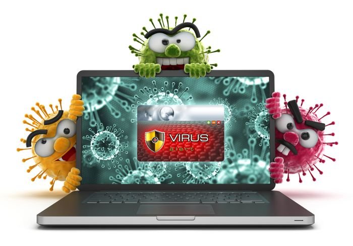 Laptop mit Virenwarnung, umgeben von Cartoon-Viren