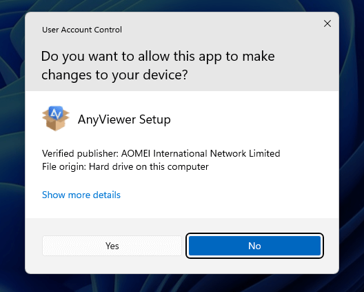 Windows pidiendo permiso para que AnyViewer realice cambios en su dispositivo