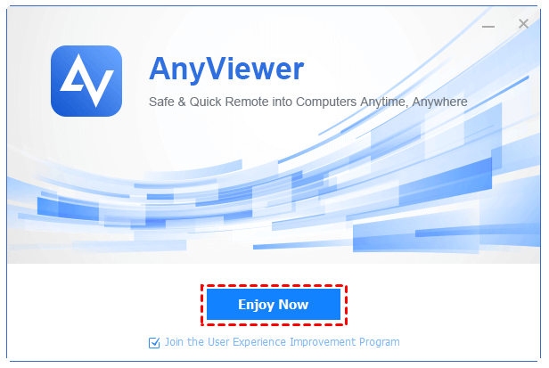 La pantalla de instalación completada de AnyViewer con el botón Enjoy Now