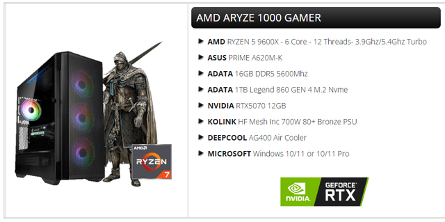 AMD ARYZE 1000 Gamer PC with its specification sheet: Ryzen 5 9600X, ASUS PRIME A620M-K, 16GB DDR5, 1TB NVMe, RTX 5070 12GB, 700W PSU, DeepCool AG400