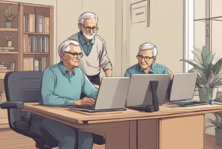 Gruppe von Bewohnern einer Seniorenresidenz lernt den Umgang mit Computern