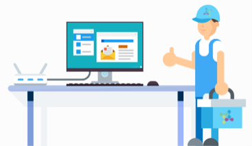Techniker zeigt Daumen hoch neben einem reparierten Desktop-Computer